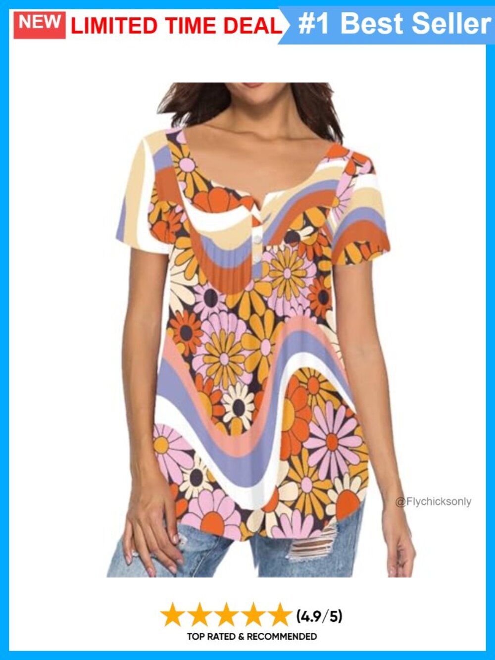 Women's Floral V-Neck Button Up Pleated Tunic Top Short Sleeve Loose Fit